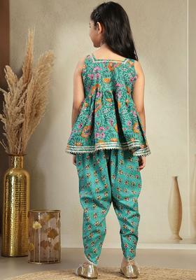 Turquoise Blue Printed Cotton Kurta Set For Girls