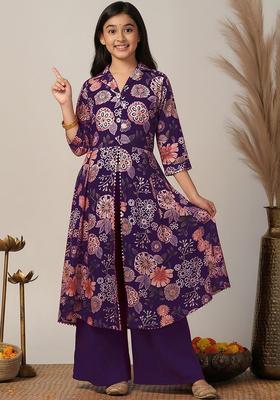 Purple Printed Silk Kurta Set For Girls