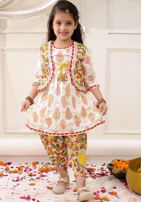 Yellow Printed Cotton Kurta Set For Girls
