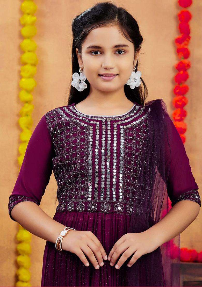 Purple Embroidered Georgette Kurta Set For Girls - Indya