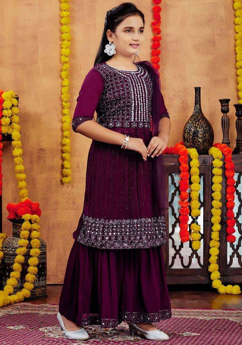 Purple Embroidered Georgette Kurta Set For Girls - Indya
