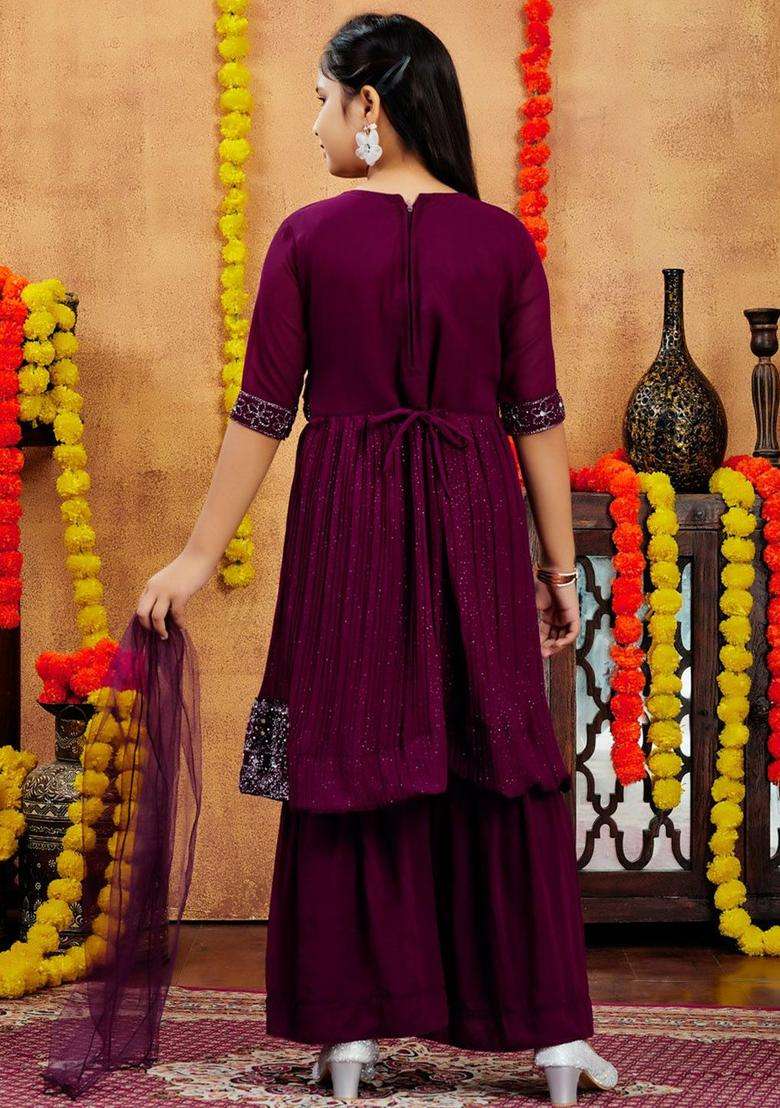 Purple Embroidered Georgette Kurta Set For Girls - Indya
