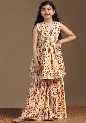 Yellow Printed Cotton Kurta Set For Girls