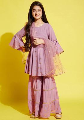 Pink Embroidered Georgette Kurta Set For Girls