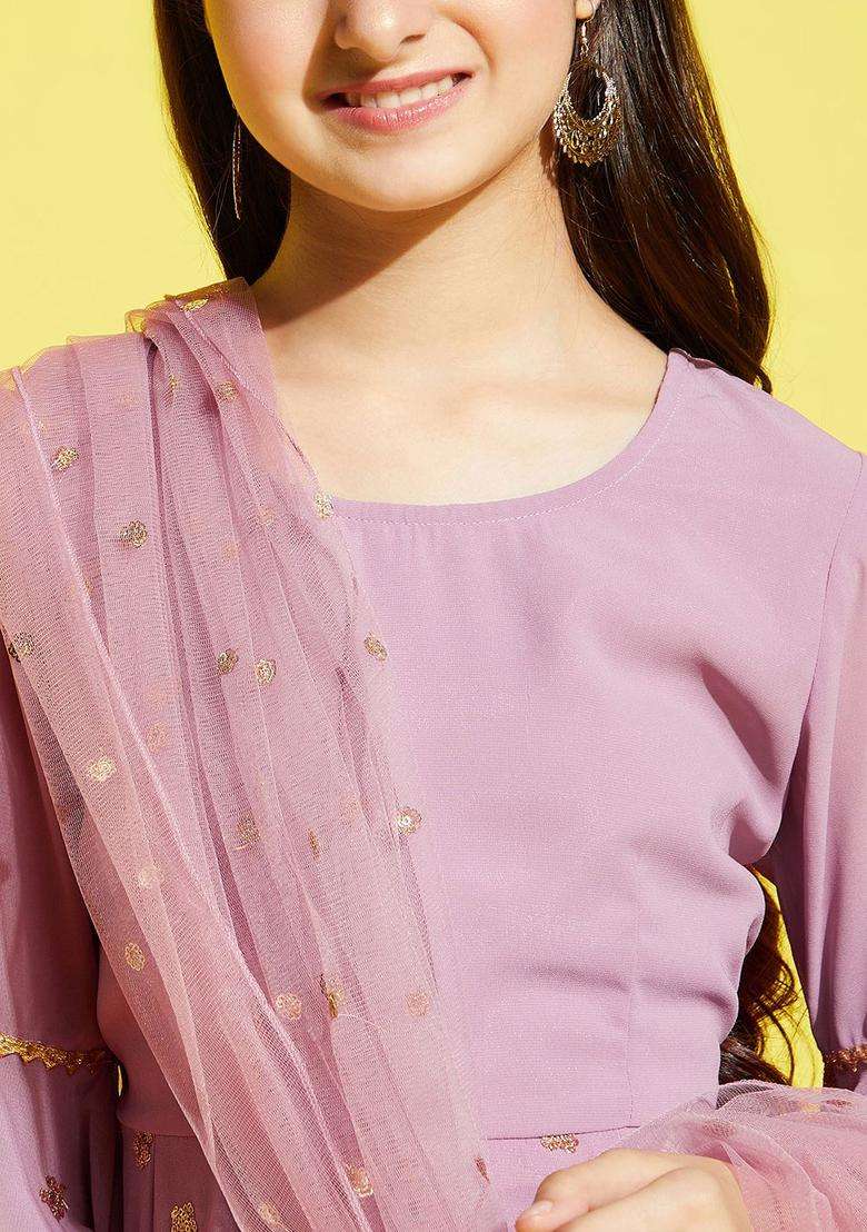 Pink Embroidered Georgette Kurta Set For Girls - Indya