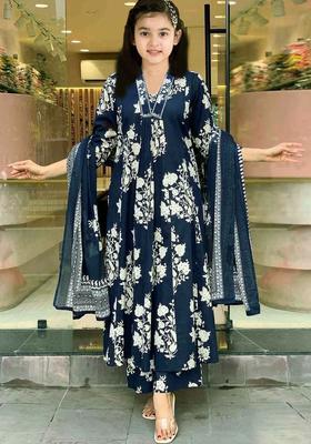 Navy Blue Printed Silk Kurta Set For Girls