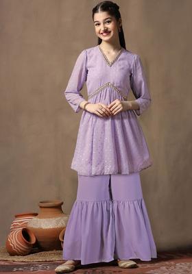 Lavender Printed Georgette Kurta Set For Girls