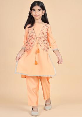 Orange Solid Silk Kurta Set For Girls