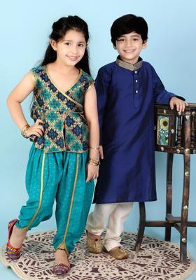 Green Embroidered Silk Kurta Set For Girls