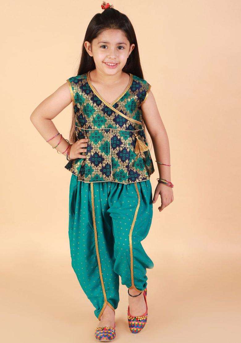 Green Embroidered Silk Kurta Set For Girls - Indya