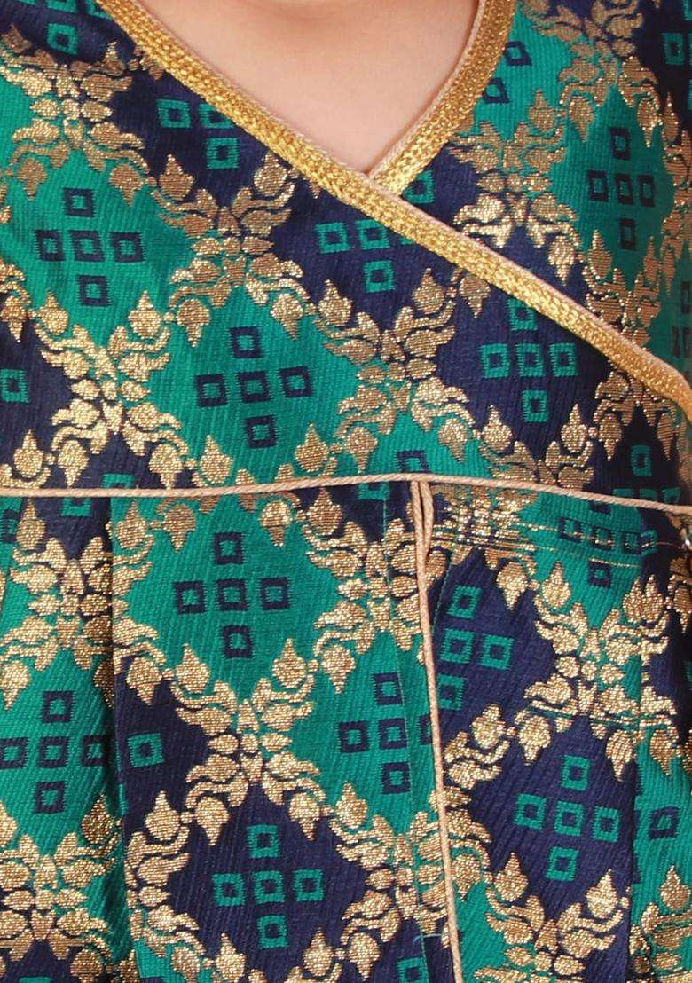 Green Embroidered Silk Kurta Set For Girls - Indya