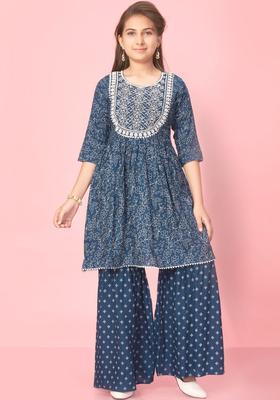 Navy Blue Printed Cotton Kurta Set For Girls