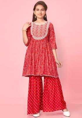 Red Printed Cotton Kurta Set For Girls