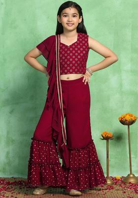 Maroon Printed Georgette Kurta Set For Girls