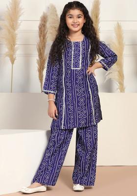 Blue Printed Cotton Kurta Set For Girls