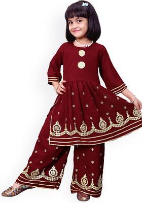 Maroon Embroidered Georgette Kurta Set For Girls