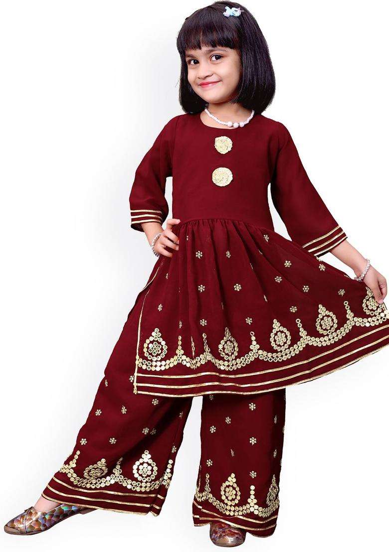 Maroon Embroidered Georgette Kurta Set For Girls - Indya