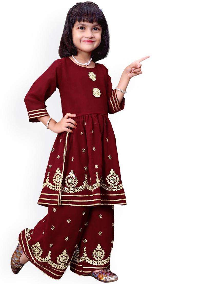 Maroon Embroidered Georgette Kurta Set For Girls - Indya