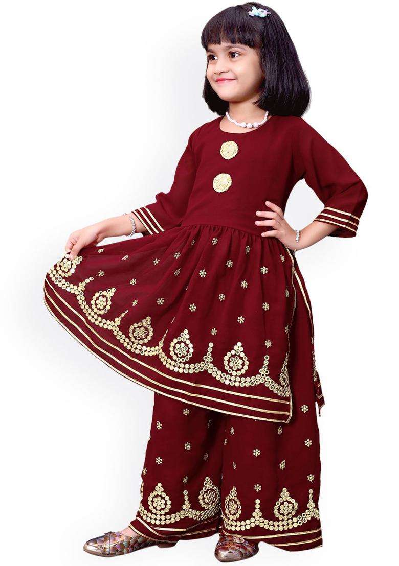 Maroon Embroidered Georgette Kurta Set For Girls - Indya