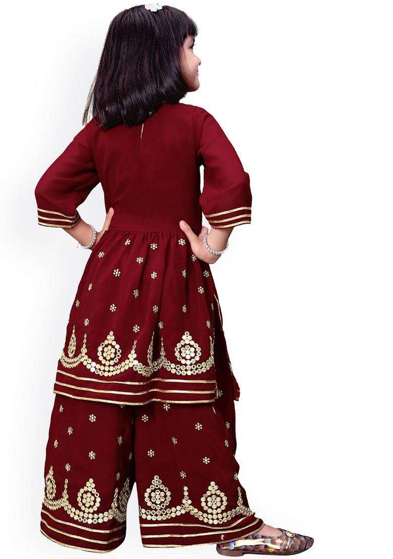 Maroon Embroidered Georgette Kurta Set For Girls - Indya