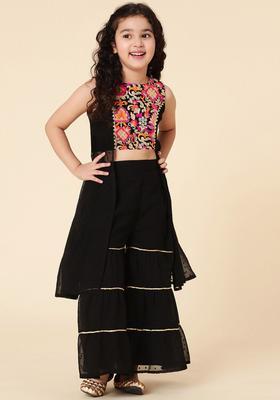 Black Embroidered Polyester Kurta Set For Girls