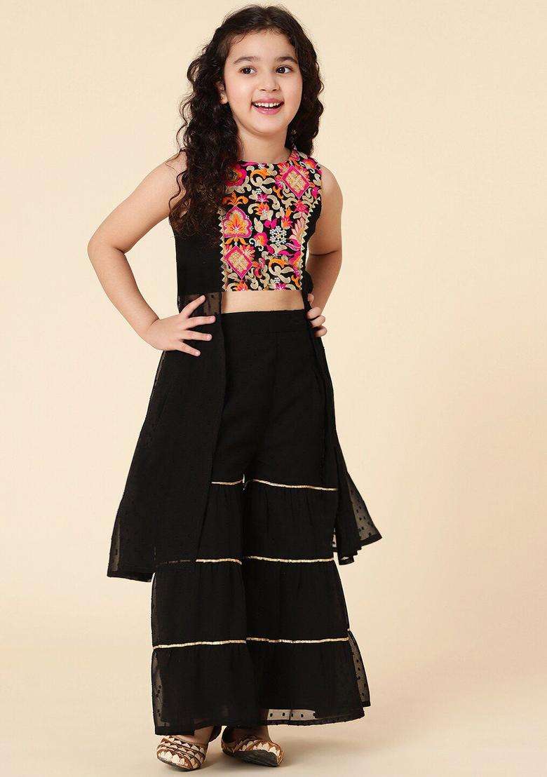 Black Embroidered Polyester Kurta Set For Girls - Indya