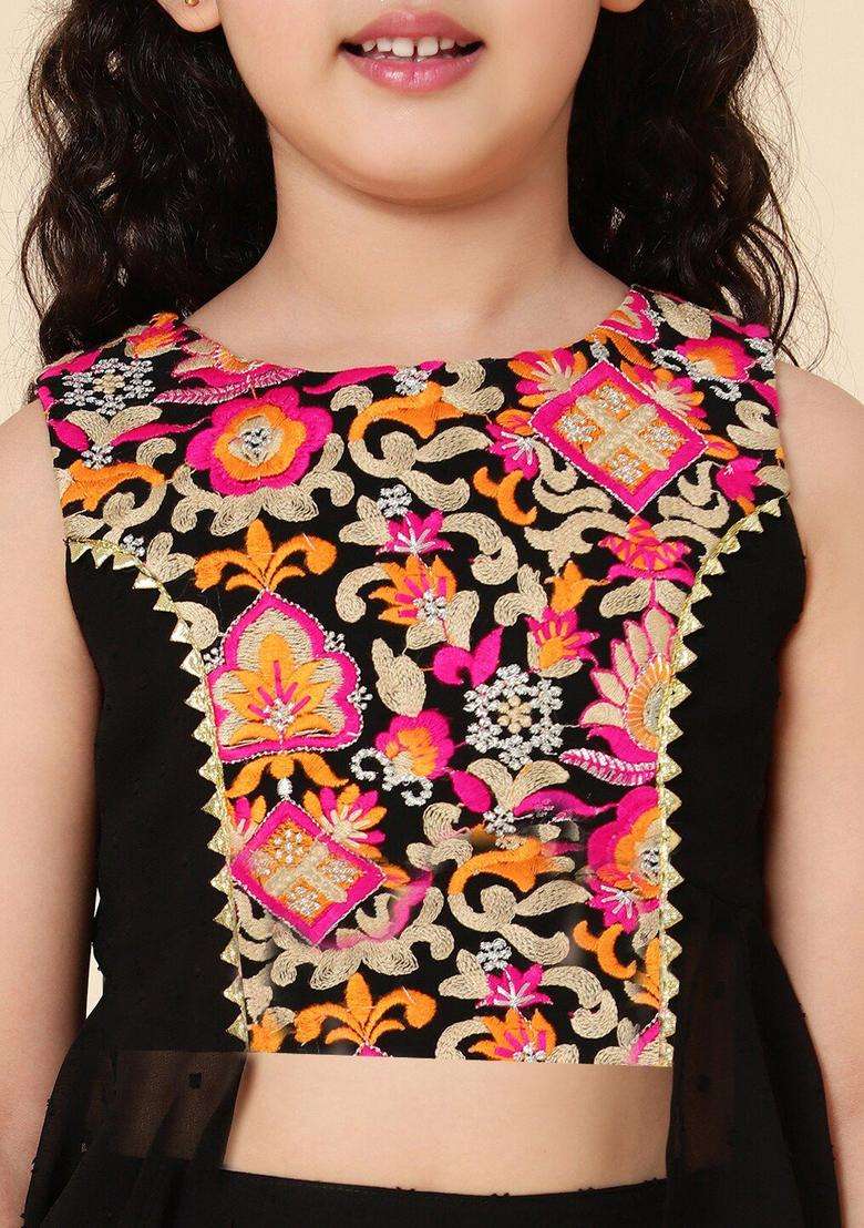 Black Embroidered Polyester Kurta Set For Girls - Indya
