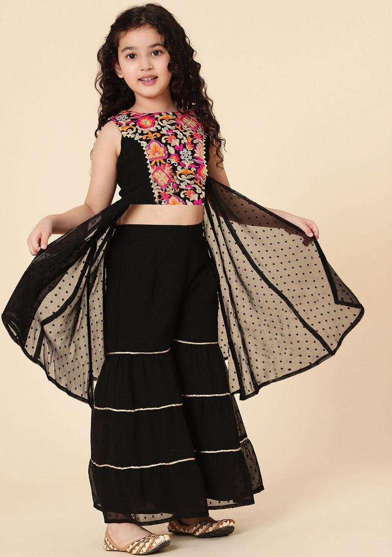 Black Embroidered Polyester Kurta Set For Girls - Indya