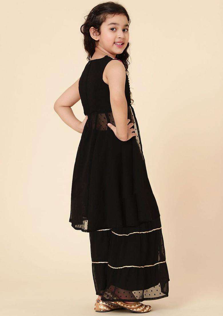 Black Embroidered Polyester Kurta Set For Girls - Indya