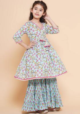 Blue Printed Cotton Kurta Set For Girls