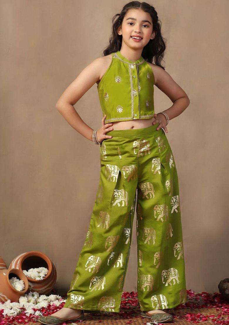 Lime Green Embroidered Silk Kurta Set For Girls - Indya