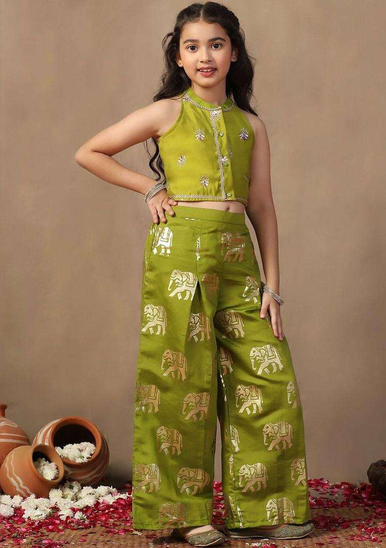 Lime Green Embroidered Silk Kurta Set For Girls - Indya
