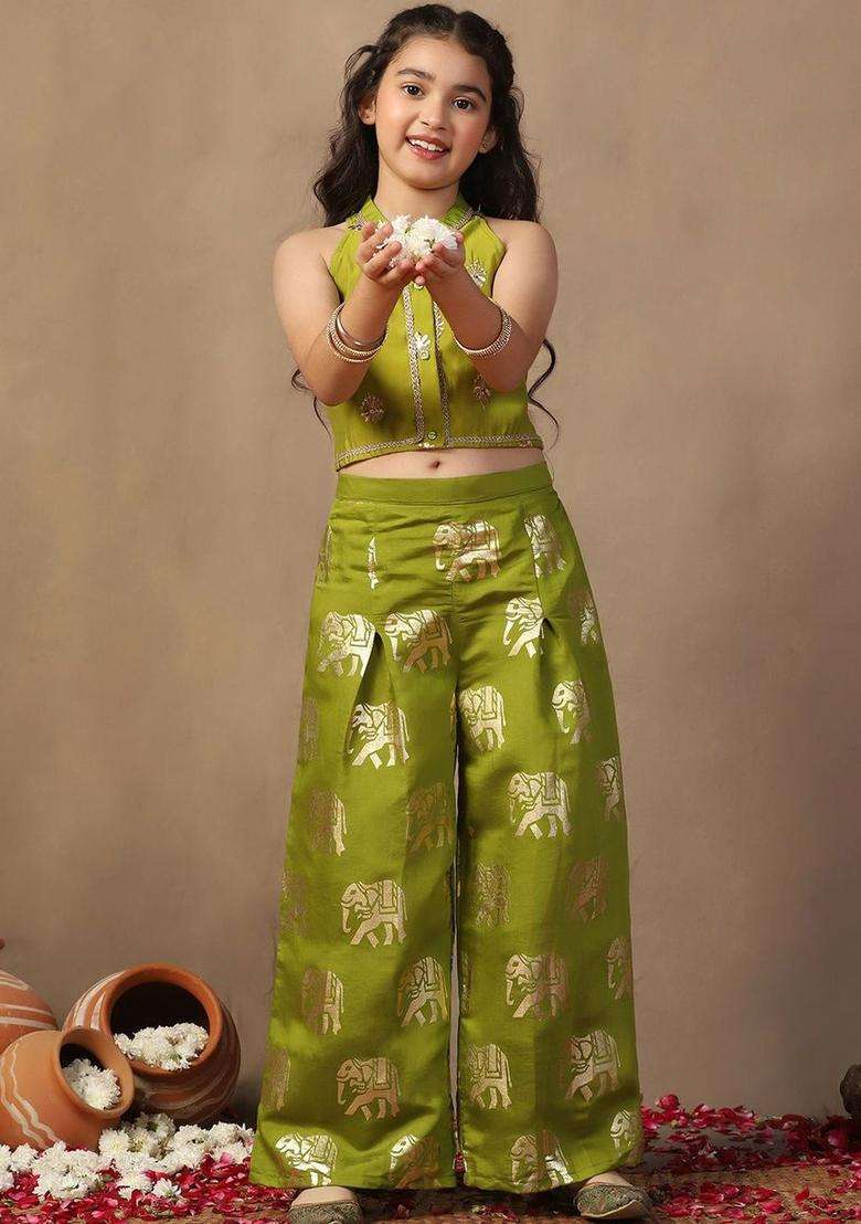 Lime Green Embroidered Silk Kurta Set For Girls - Indya