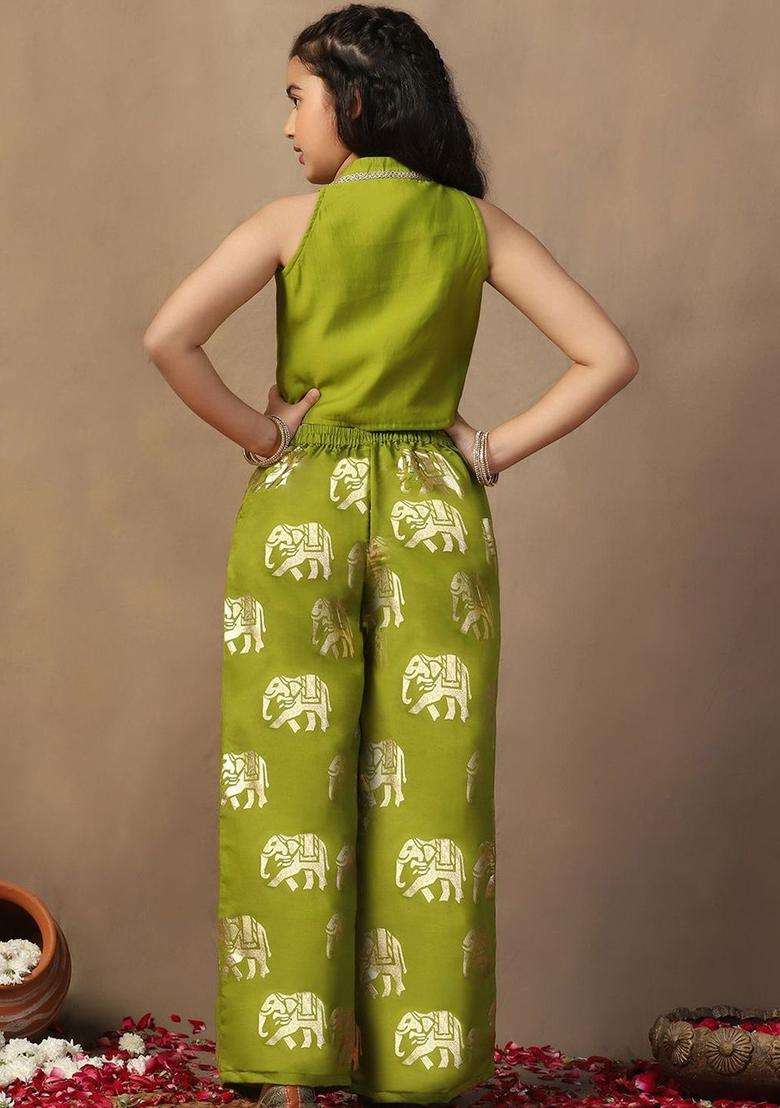 Lime Green Embroidered Silk Kurta Set For Girls - Indya