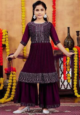 Purple Embroidered Georgette Kurta Set For Girls