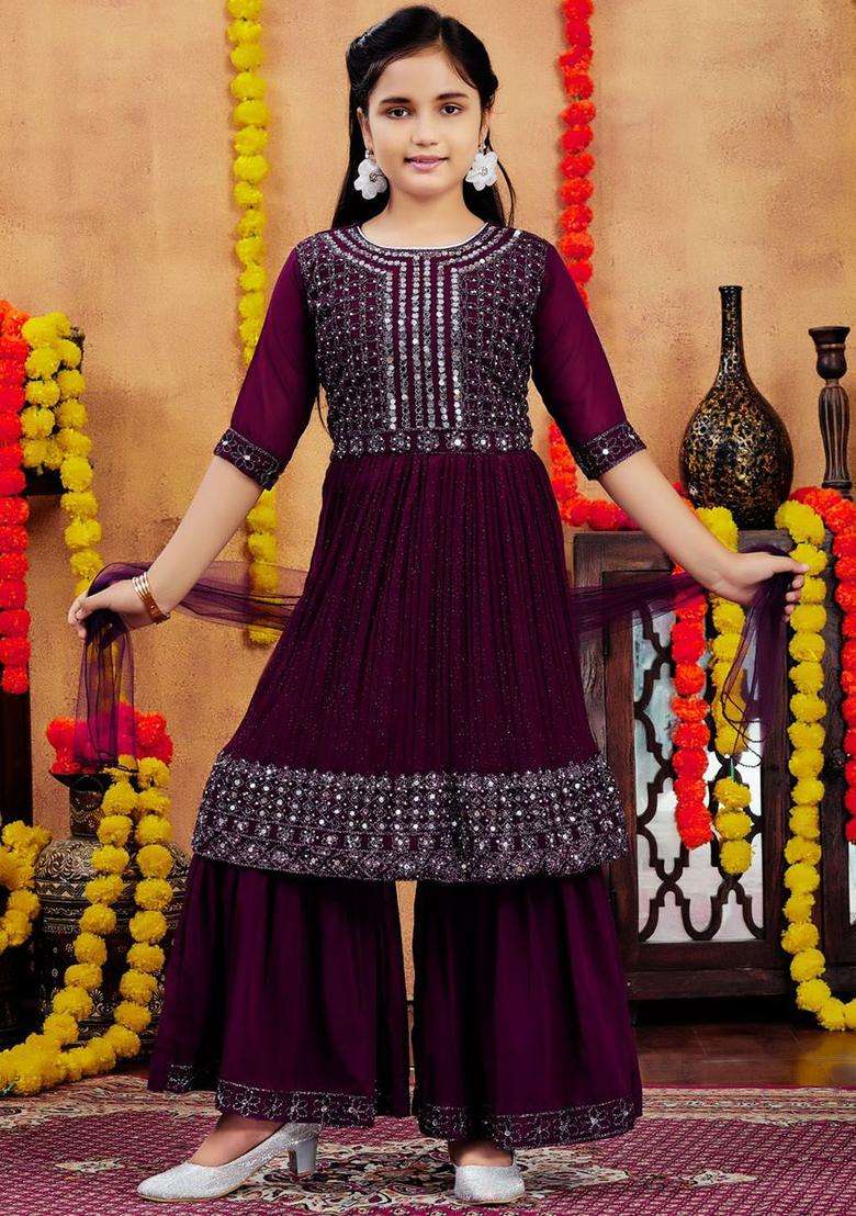 Purple Embroidered Georgette Kurta Set For Girls - Indya