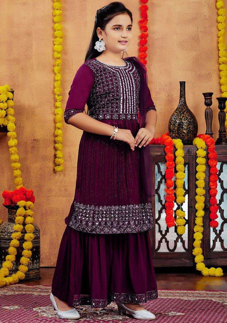 Purple Embroidered Georgette Kurta Set For Girls - Indya