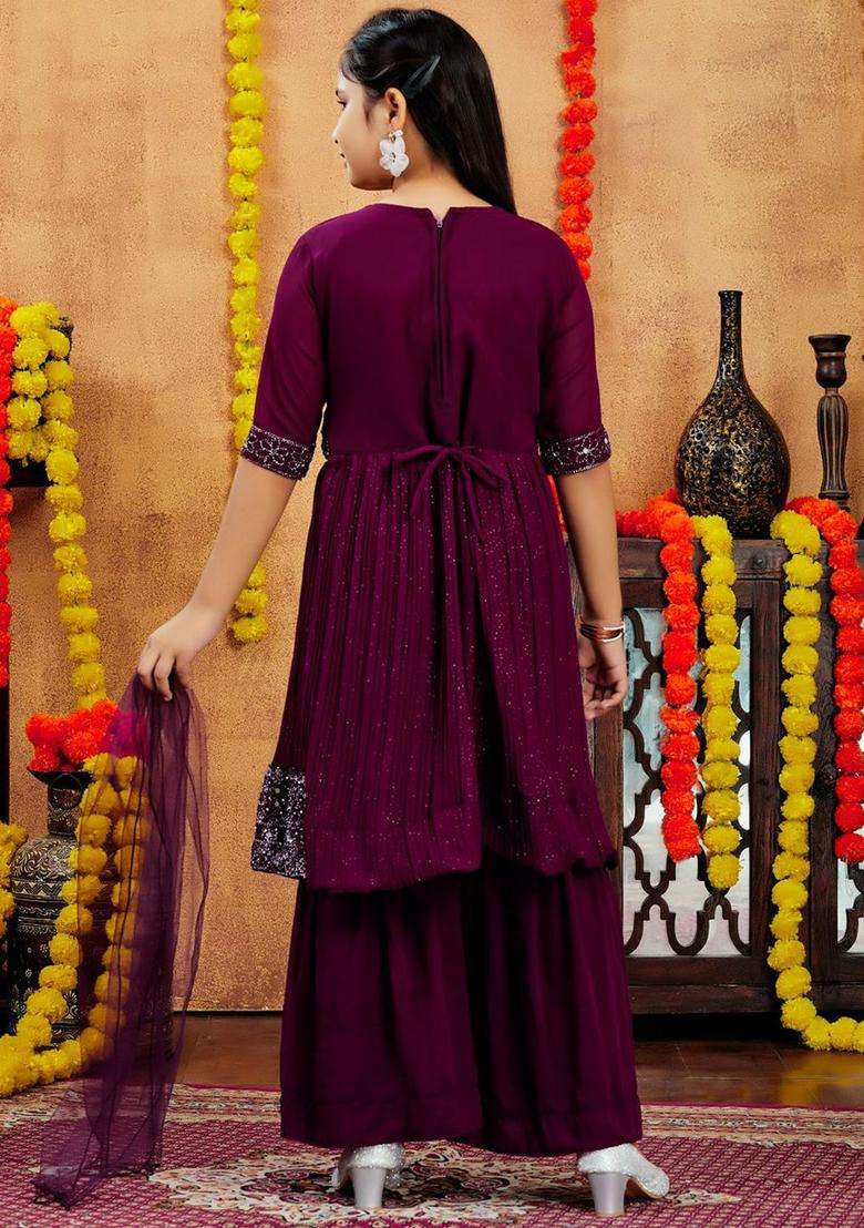 Purple Embroidered Georgette Kurta Set For Girls - Indya
