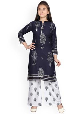 Navy Blue Printed Cotton Kurta Set For Girls
