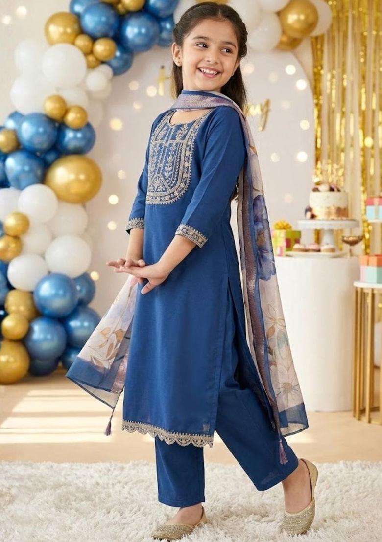 Blue Embroidered Cotton Kurta Set For Girls - Indya