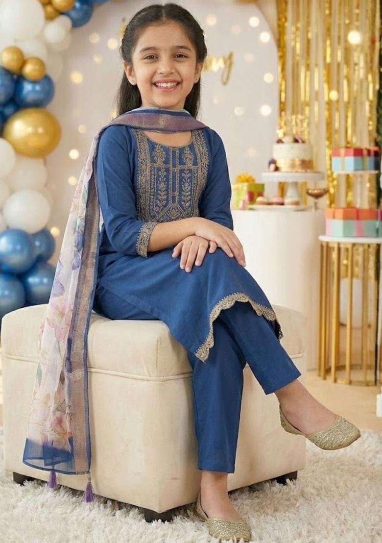 Blue Embroidered Cotton Kurta Set For Girls - Indya