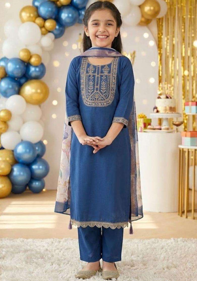 Blue Embroidered Cotton Kurta Set For Girls - Indya