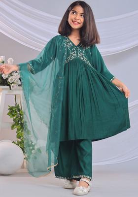 Green Embroidered Silk Kurta Set For Girls