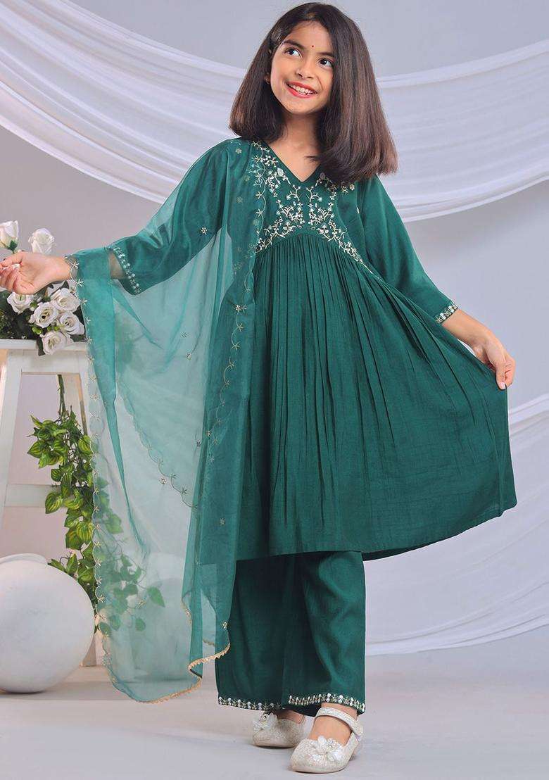 Green Embroidered Silk Kurta Set For Girls - Indya