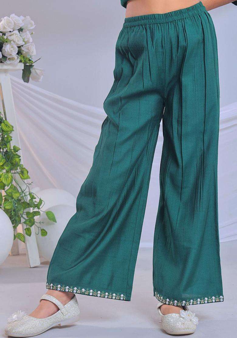 Green Embroidered Silk Kurta Set For Girls - Indya