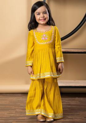 Yellow Embroidered Silk Kurta Set For Girls