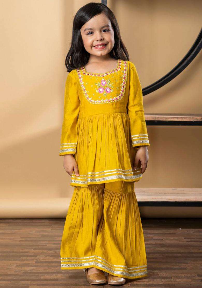 Yellow Embroidered Silk Kurta Set For Girls - Indya