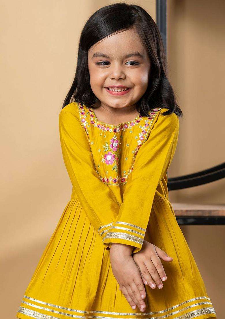 Yellow Embroidered Silk Kurta Set For Girls - Indya