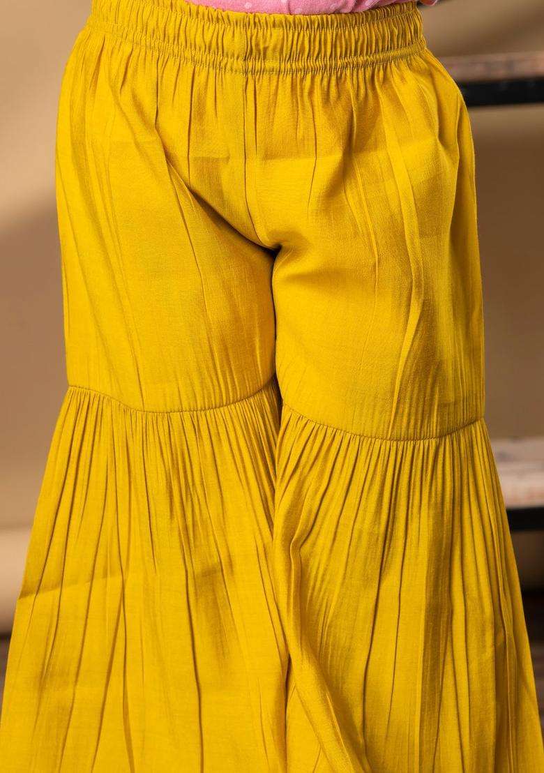 Yellow Embroidered Silk Kurta Set For Girls - Indya