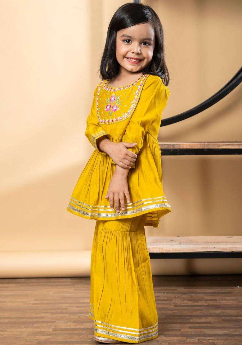 Yellow Embroidered Silk Kurta Set For Girls - Indya